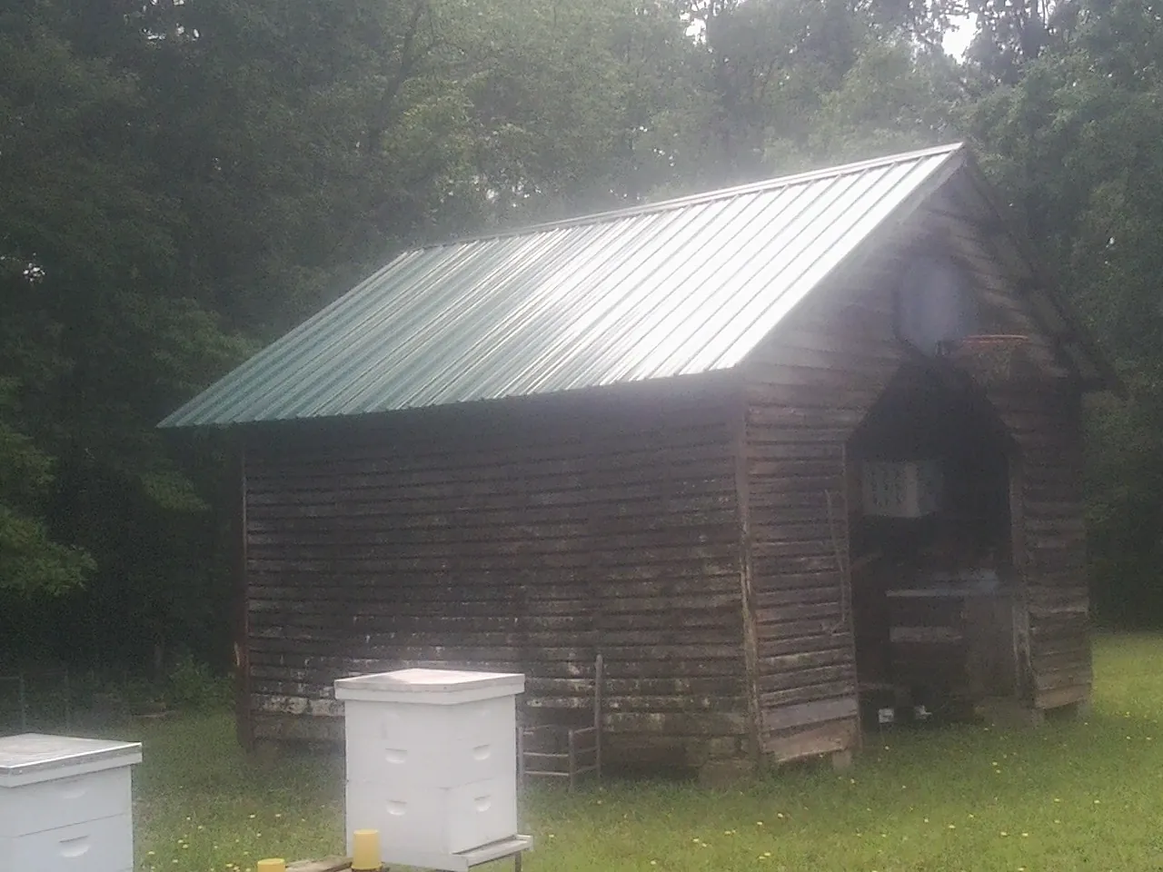 Green metal roof on a weathered barn beside stacked beehives in Hewlett