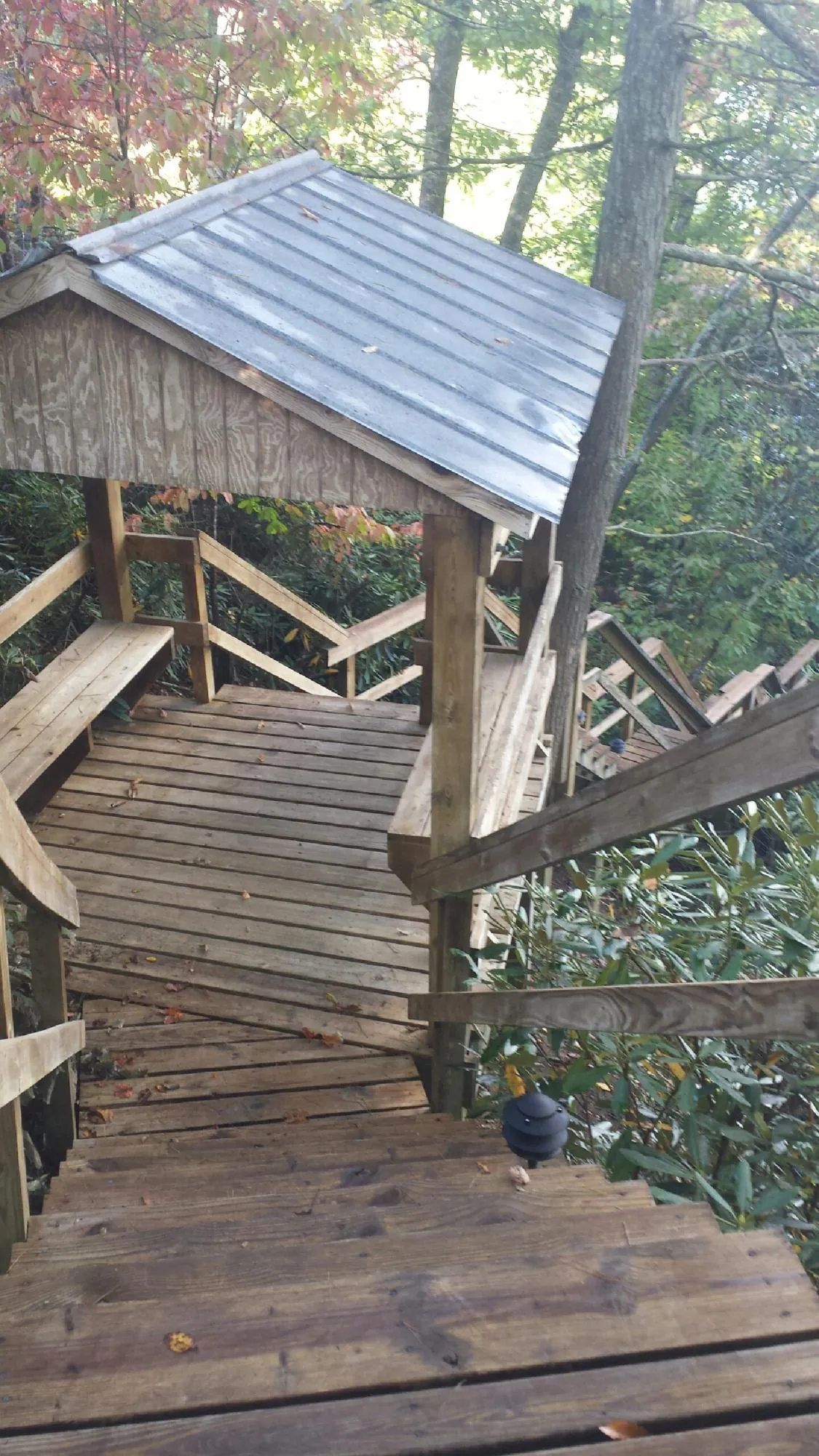 Metal roofed shelter over wooden steps on a wooded walkway — Skylight Repair & Installation work by our crew in Hewlett